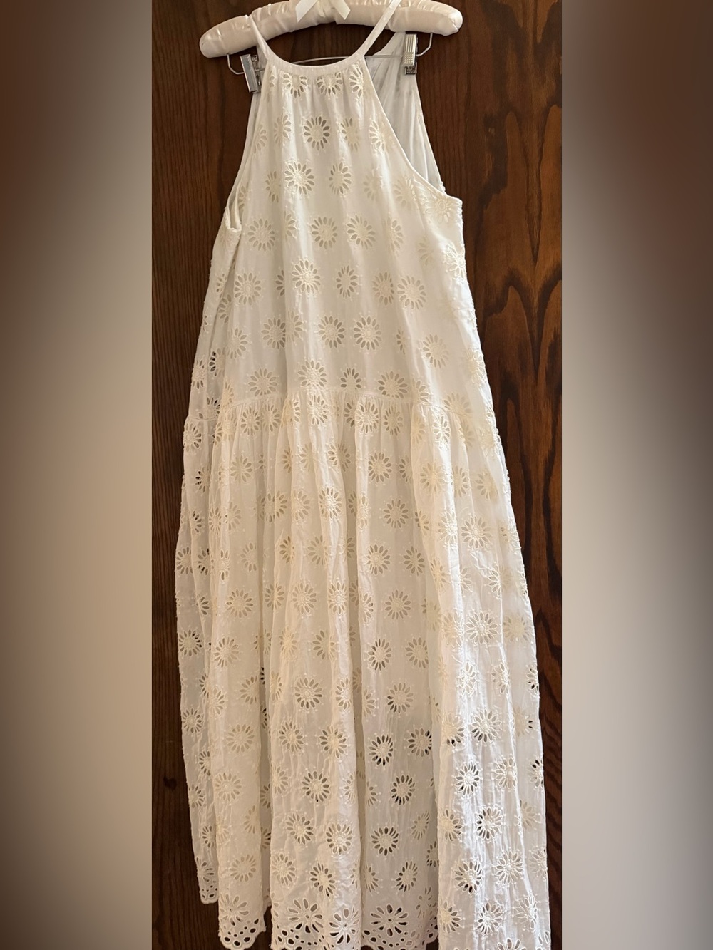 Sleeveless White Eyelet Maxi Dress with Halter Neck